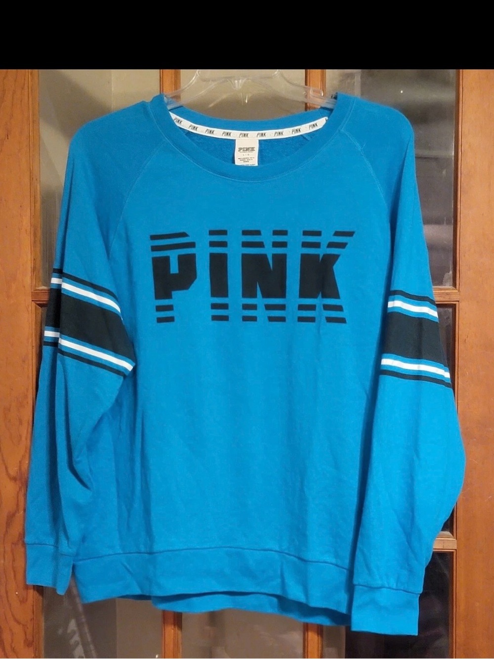 Victoria's Secret Teal Crewneck Sweatshirt with Black Logo and Sleeve Stripes